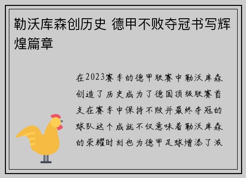 勒沃库森创历史 德甲不败夺冠书写辉煌篇章 勒沃库森创历史 德甲不败夺冠书写辉煌篇章
